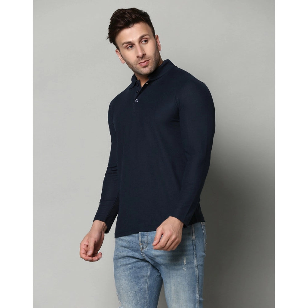 Amfyn Men's Casual Full Sleeve Solid Cotton Blended Polo Neck T-shirt (Navy)