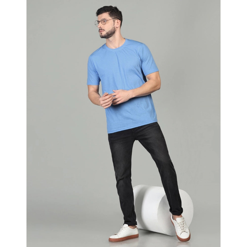 Amfyn Men's Casual Half Sleeve Solid Cotton Blended Round Neck T-shirt (Sky)