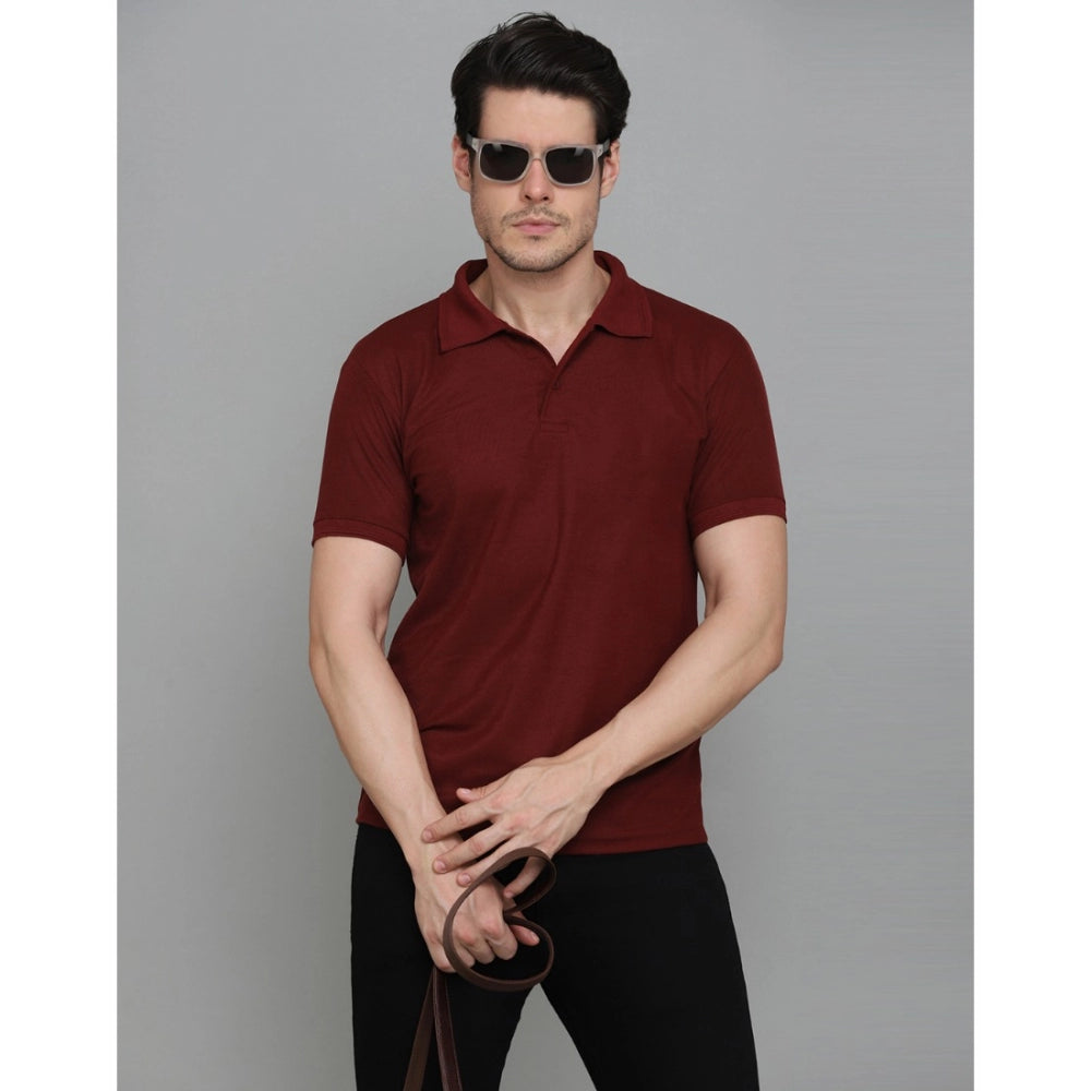 Amfyn Men's Casual Half Sleeve Solid Cotton Blended Polo Neck T-shirt (Maroon)