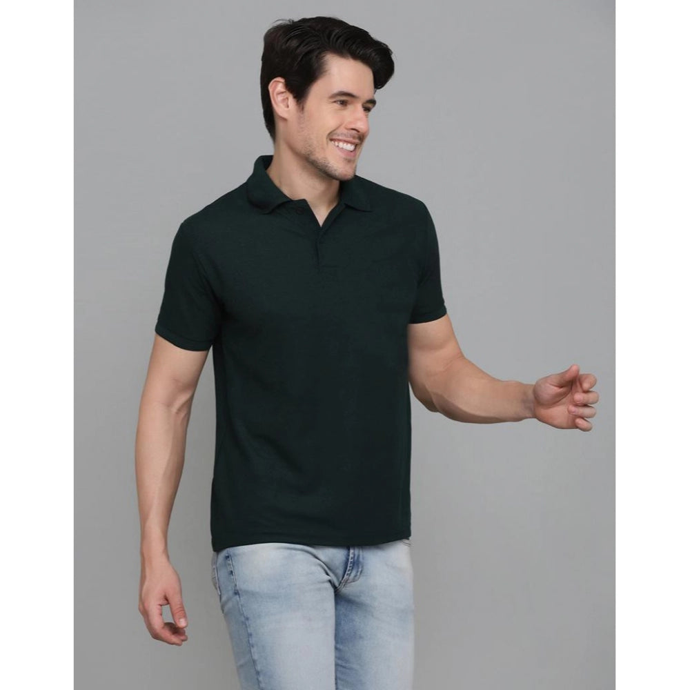 Amfyn Men's Casual Half Sleeve Solid Cotton Blended Polo Neck T-shirt (Green)