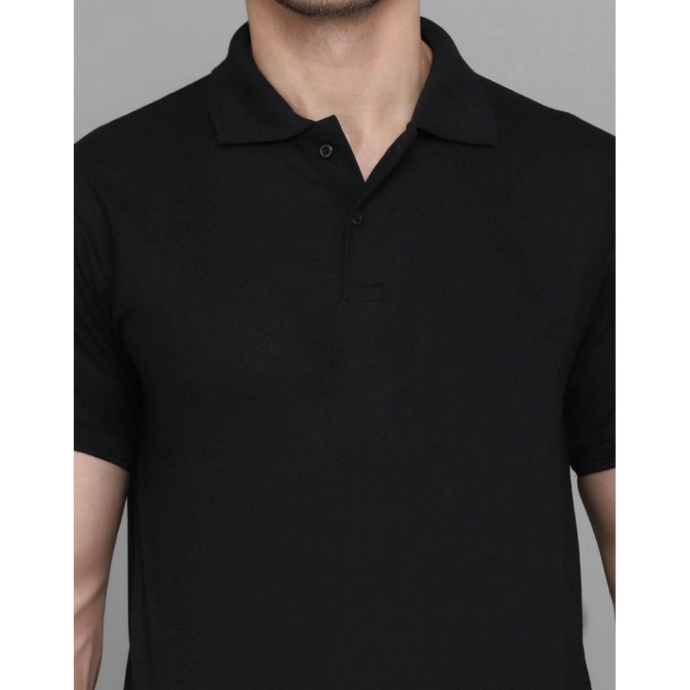 Amfyn Men's Casual Half Sleeve Solid Cotton Blended Polo Neck T-shirt (Black)
