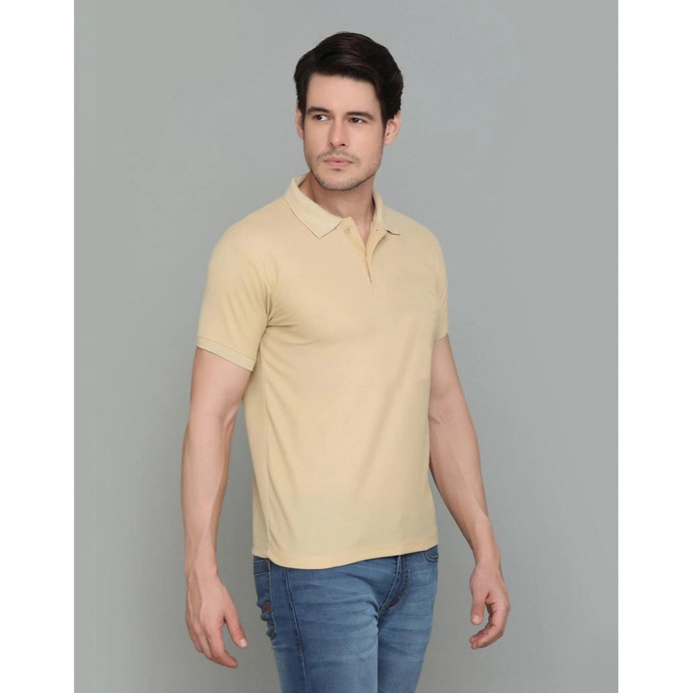 Amfyn Men's Casual Half Sleeve Solid Cotton Blended Polo Neck T-shirt (Beige)