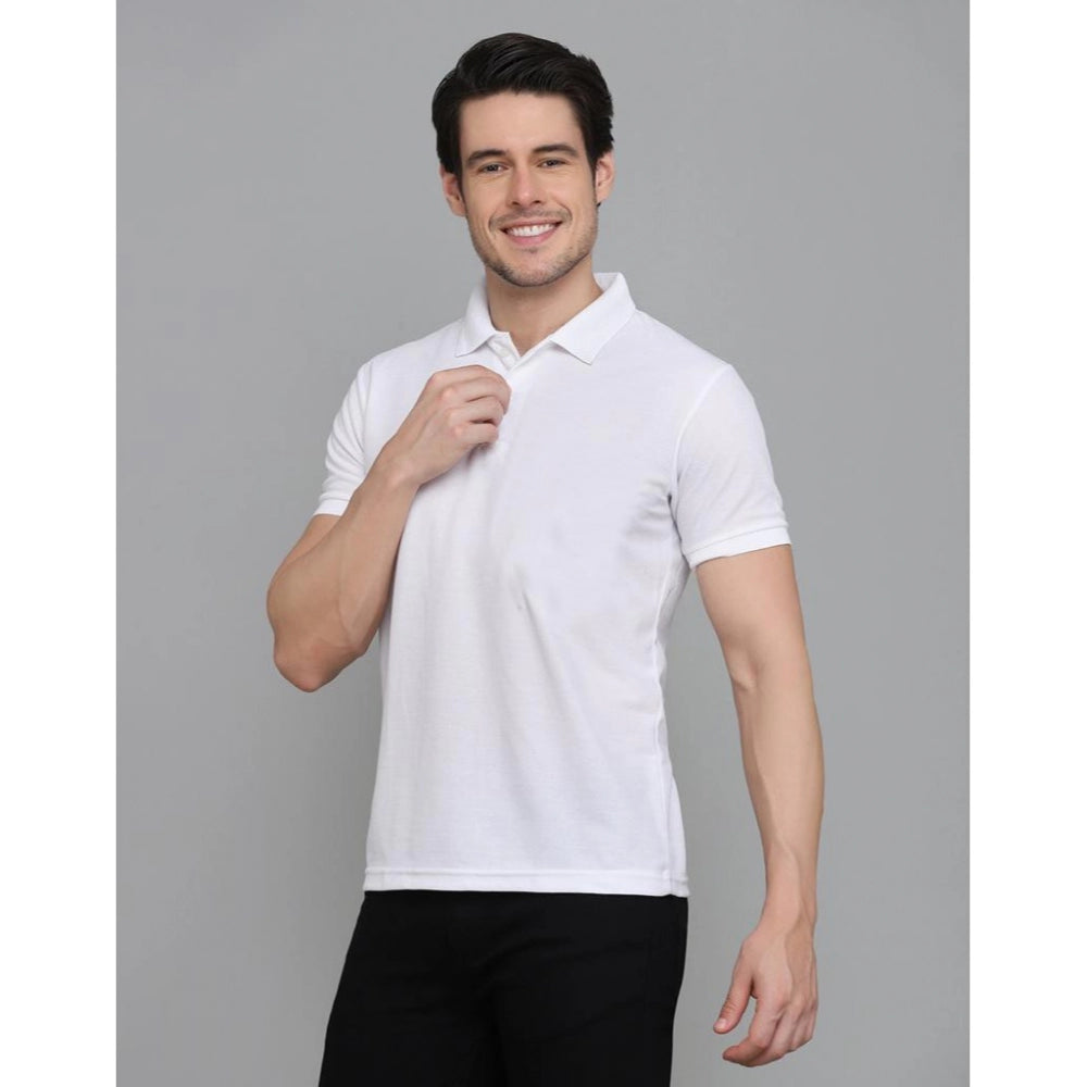 Amfyn Men's Casual Half Sleeve Solid Cotton Blended Polo Neck T-shirt (White)