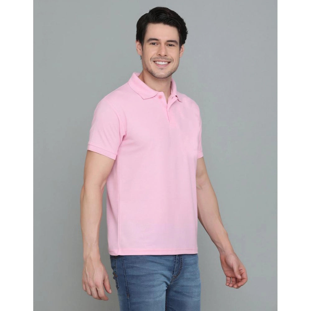 Amfyn Men's Casual Half Sleeve Solid Cotton Blended Polo Neck T-shirt (Pink)