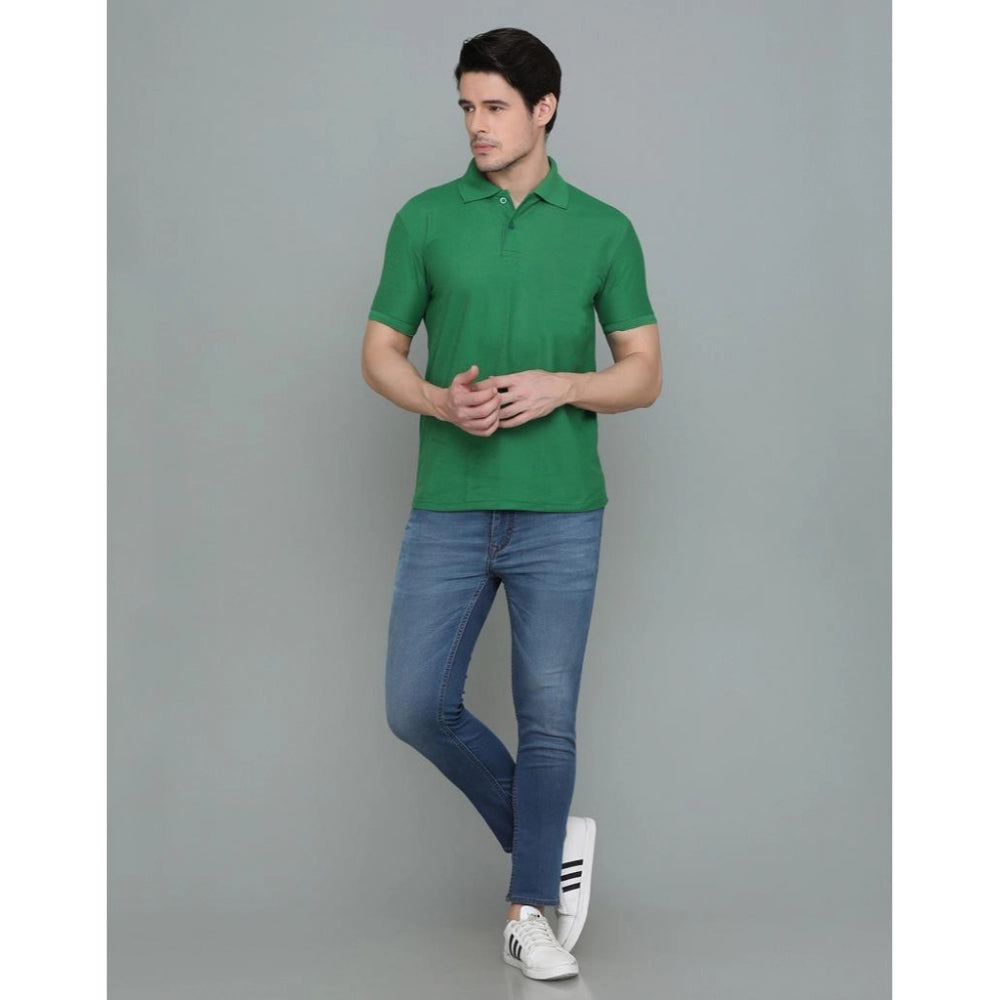 Amfyn Men's Casual Half Sleeve Solid Cotton Blended Polo Neck T-shirt (Green)