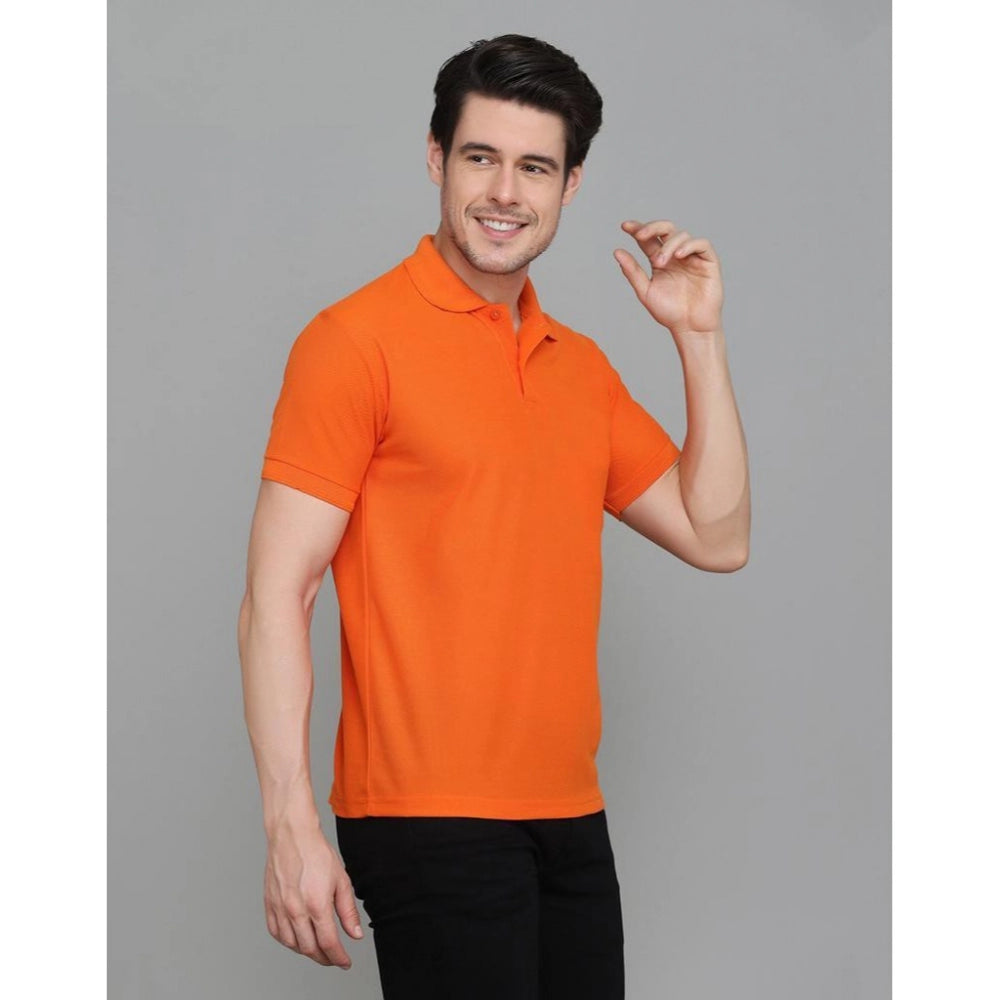 Amfyn Men's Casual Half Sleeve Solid Cotton Blended Polo Neck T-shirt (Orange)