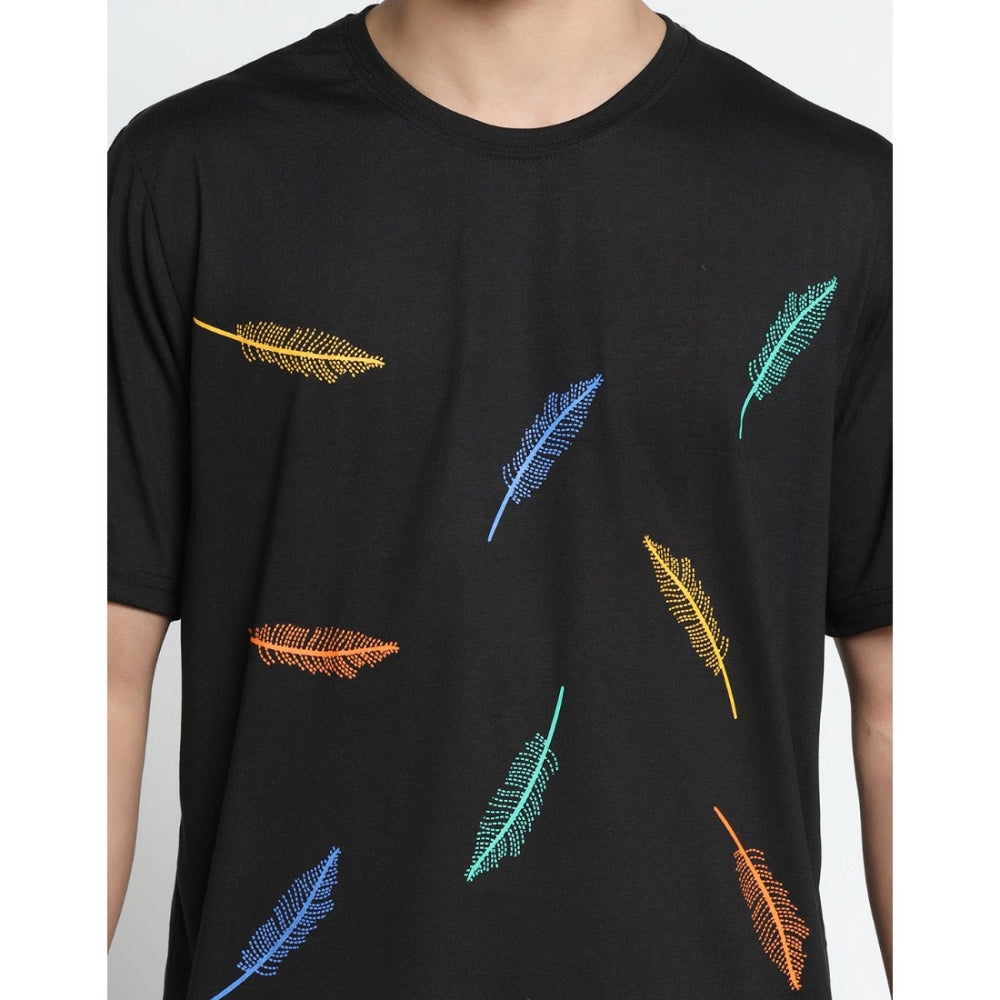 Amfyn Men's Casual Half Sleeve Printed Cotton Blended Round Neck T-shirt (Black)