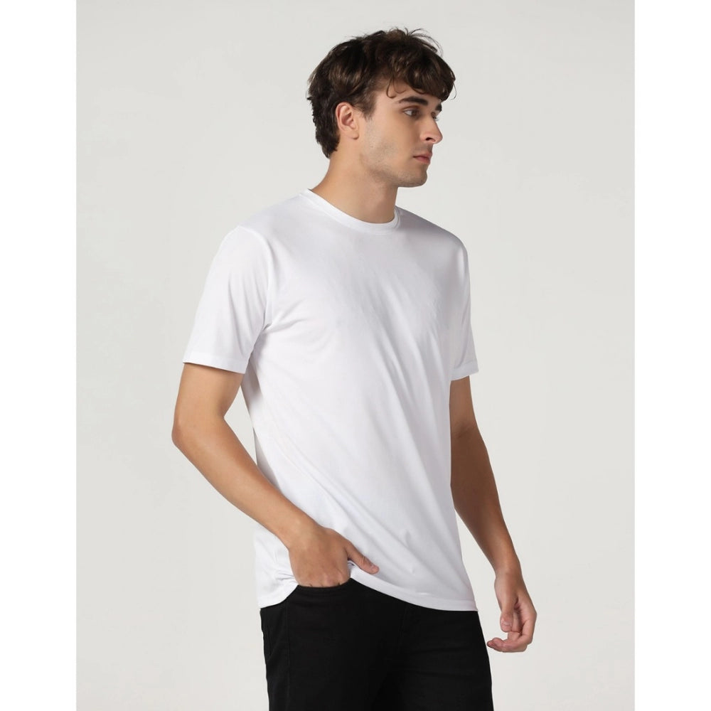 Amfyn Men's Casual Half Sleeve Solid Polyester Round Neck T-shirt (White)
