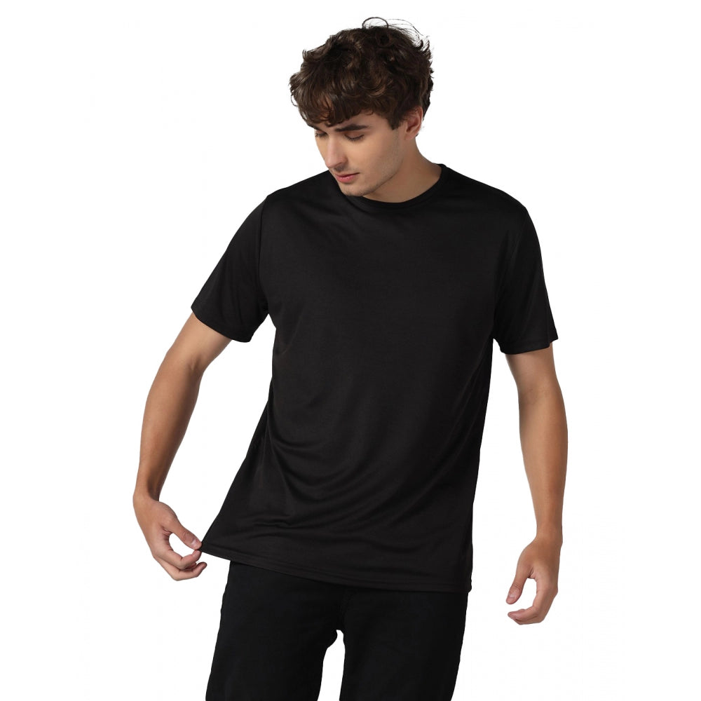 Amfyn Men's Casual Half Sleeve Solid Polyester Round Neck T-shirt (Black)