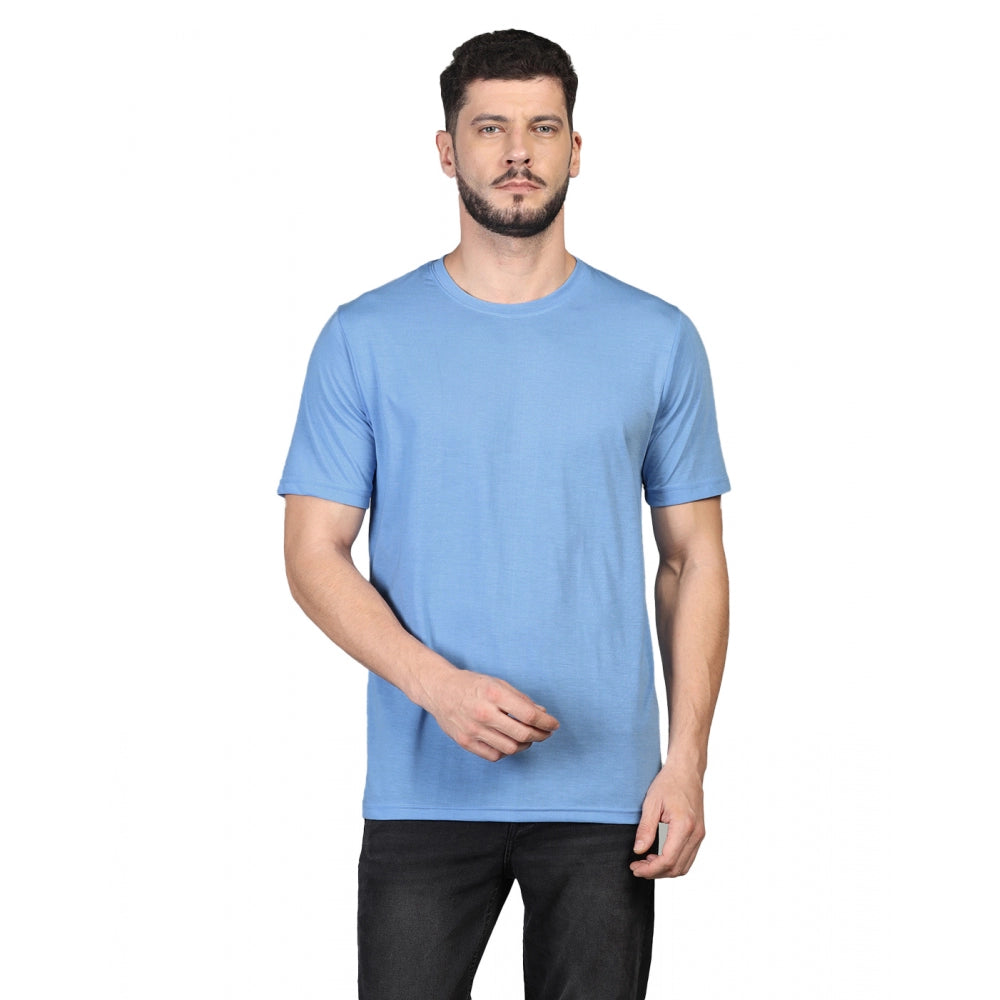 Amfyn Men's Casual Half Sleeve Solid Cotton Blended Round Neck T-shirt (Sky)