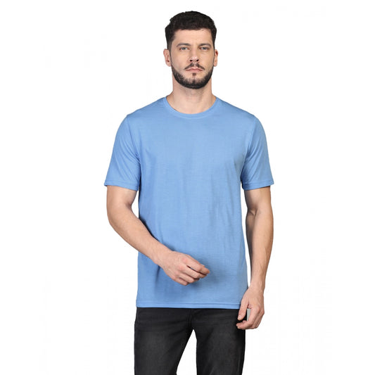 Amfyn Men's Casual Half Sleeve Solid Cotton Blended Round Neck T-shirt (Sky)
