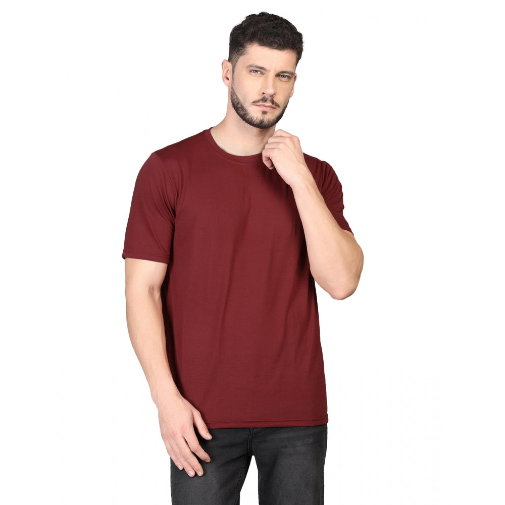 Amfyn Men's Casual Half Sleeve Solid Cotton Blended Round Neck T-shirt (Maroon)
