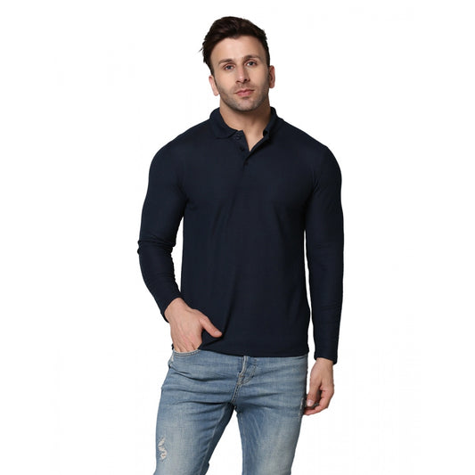 Amfyn Men's Casual Full Sleeve Solid Cotton Blended Polo Neck T-shirt (Navy)