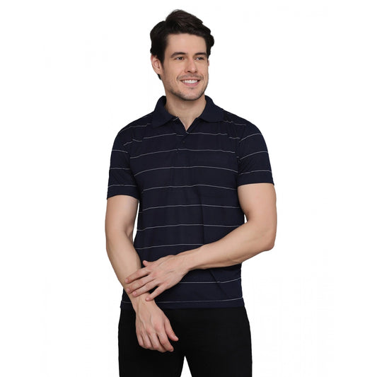 Amfyn Men's Casual Half Sleeve Striped Cotton Blended Polo Neck T-shirt (Navy)