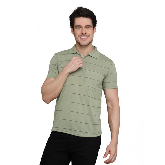 Amfyn Men's Casual Half Sleeve Striped Cotton Blended Polo Neck T-shirt (L.Green)