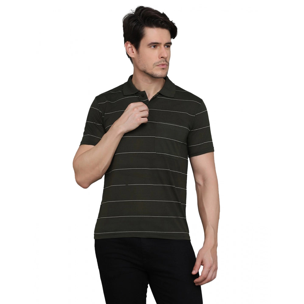 Amfyn Men's Casual Half Sleeve Striped Cotton Blended Polo Neck T-shirt (Green)