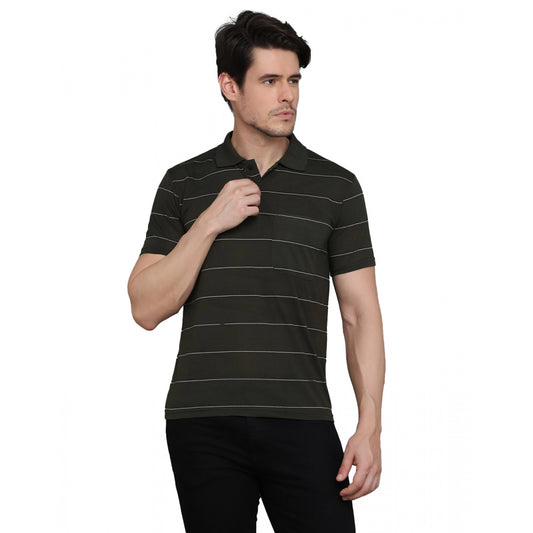 Amfyn Men's Casual Half Sleeve Striped Cotton Blended Polo Neck T-shirt (Green)