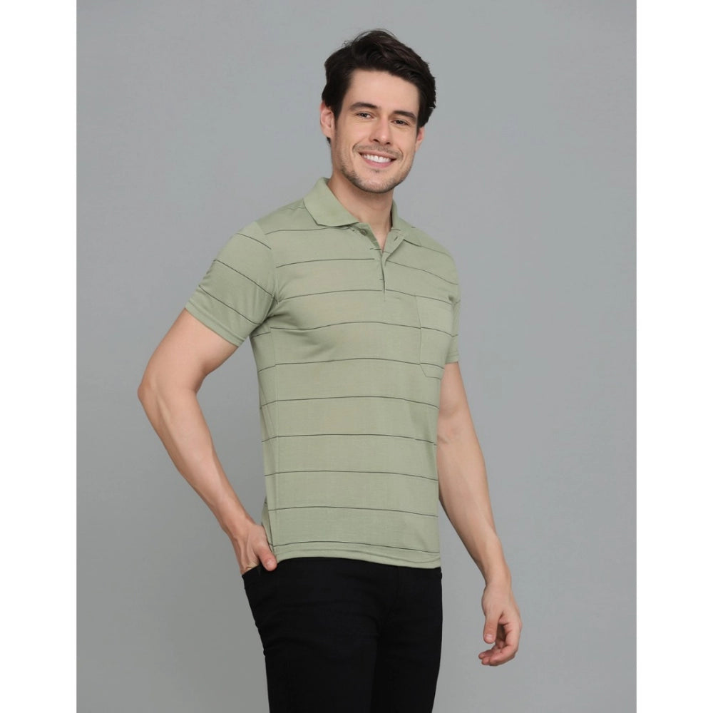 Amfyn Men's Casual Half Sleeve Striped Cotton Blended Polo Neck T-shirt (L.Green)