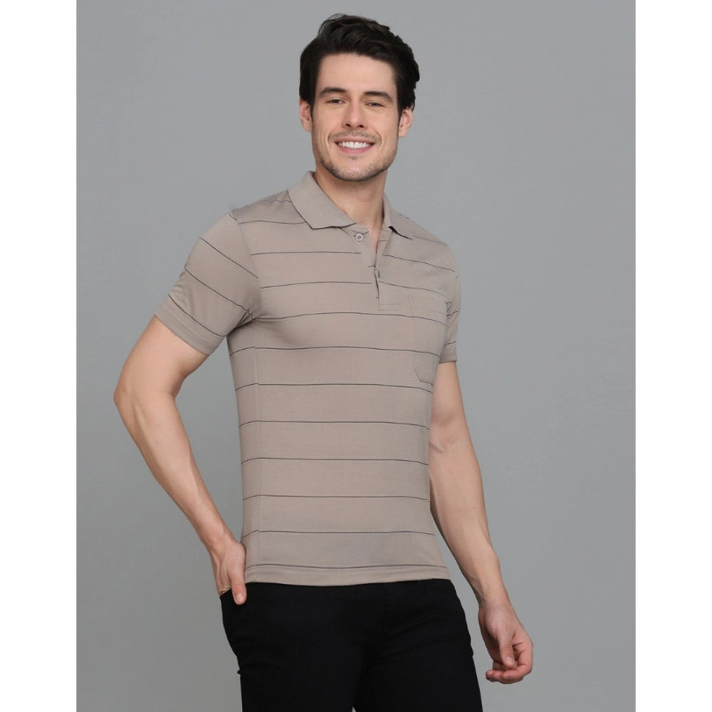 Amfyn Men's Casual Half Sleeve Striped Cotton Blended Polo Neck T-shirt (Beige)