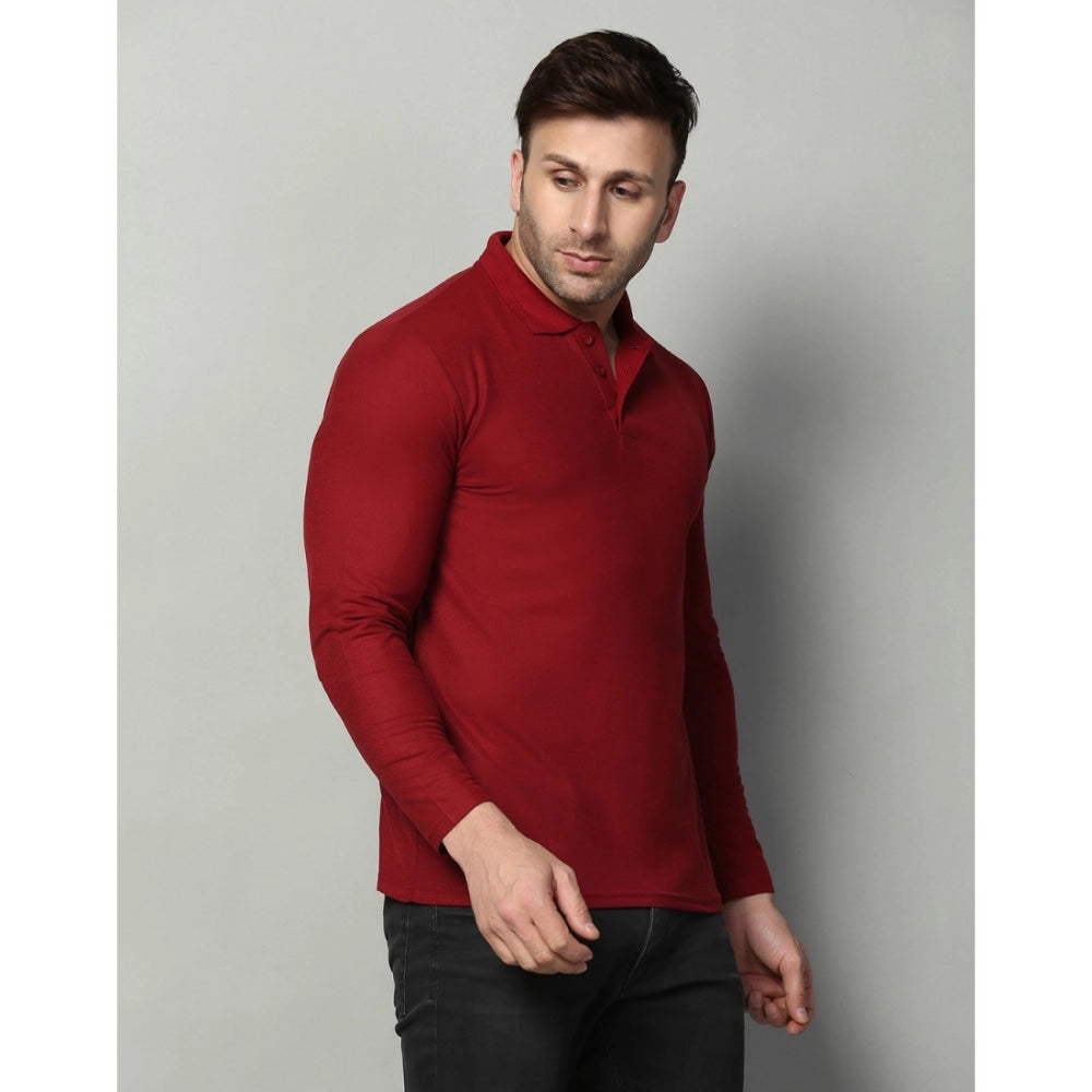 Amfyn Men's Casual Full Sleeve Solid Cotton Blended Polo Neck T-shirt (Maroon)