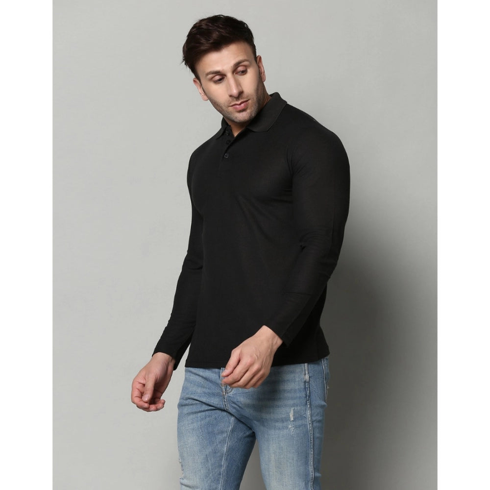 Amfyn Men's Casual Full Sleeve Solid Cotton Blended Polo Neck T-shirt (Black)
