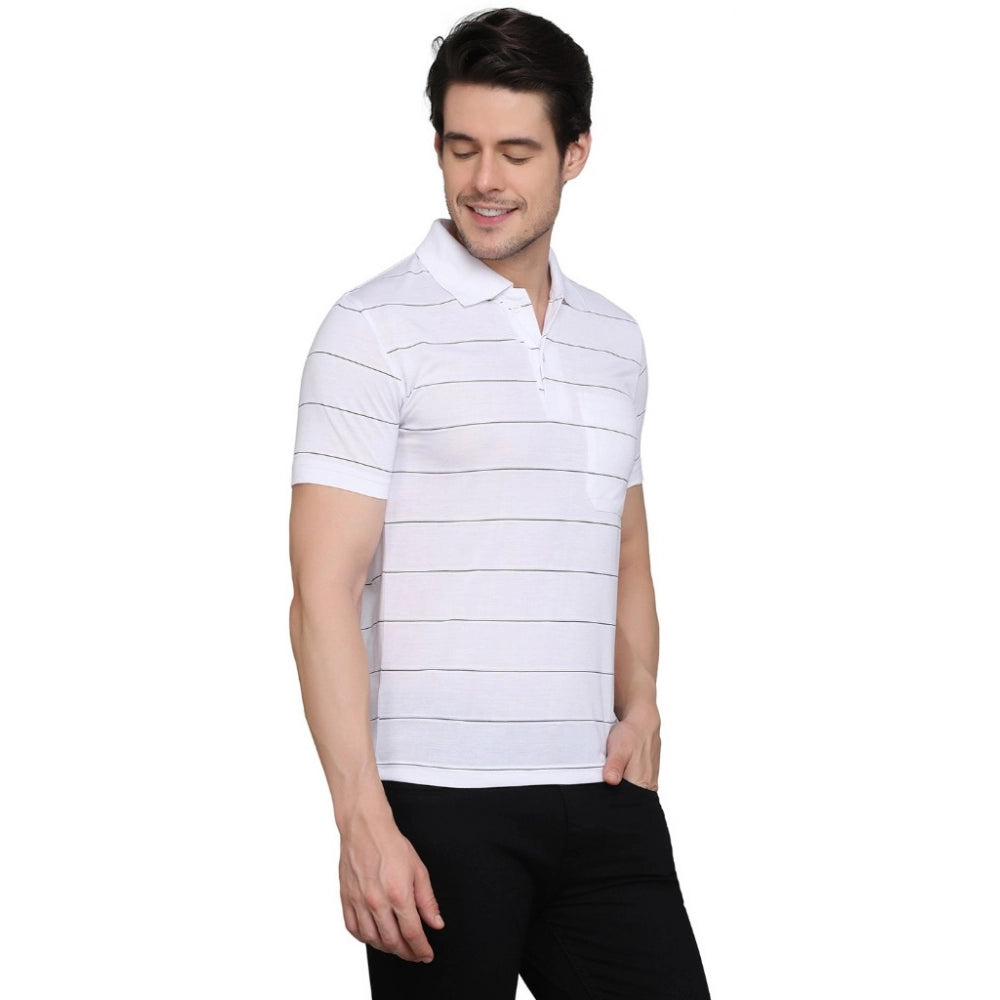 Amfyn Men's Casual Half Sleeve Striped Cotton Blended Polo Neck T-shirt (White)