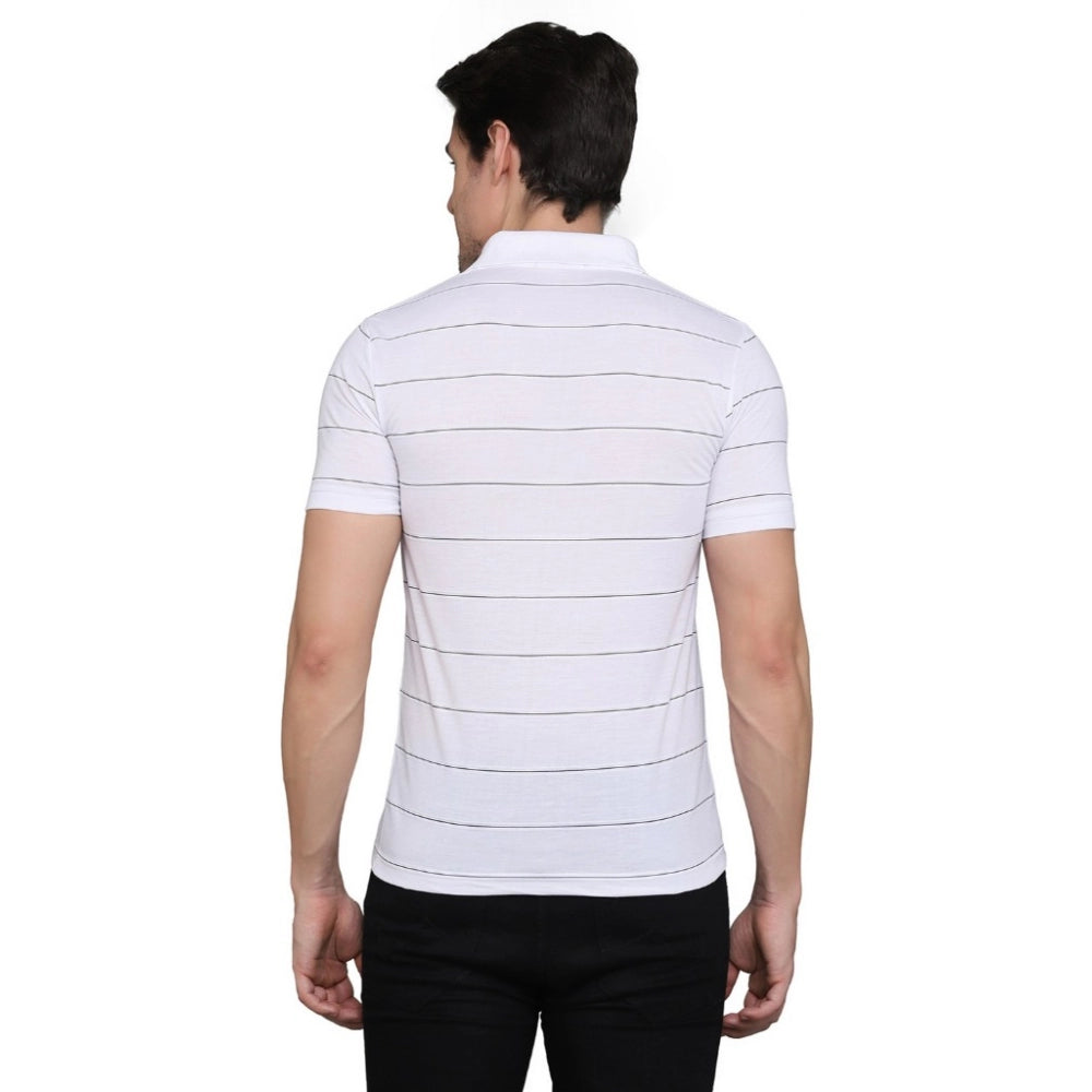 Amfyn Men's Casual Half Sleeve Striped Cotton Blended Polo Neck T-shirt (White)