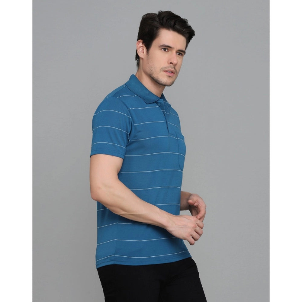 Amfyn Men's Casual Half Sleeve Striped Cotton Blended Polo Neck T-shirt (Teel Blue)