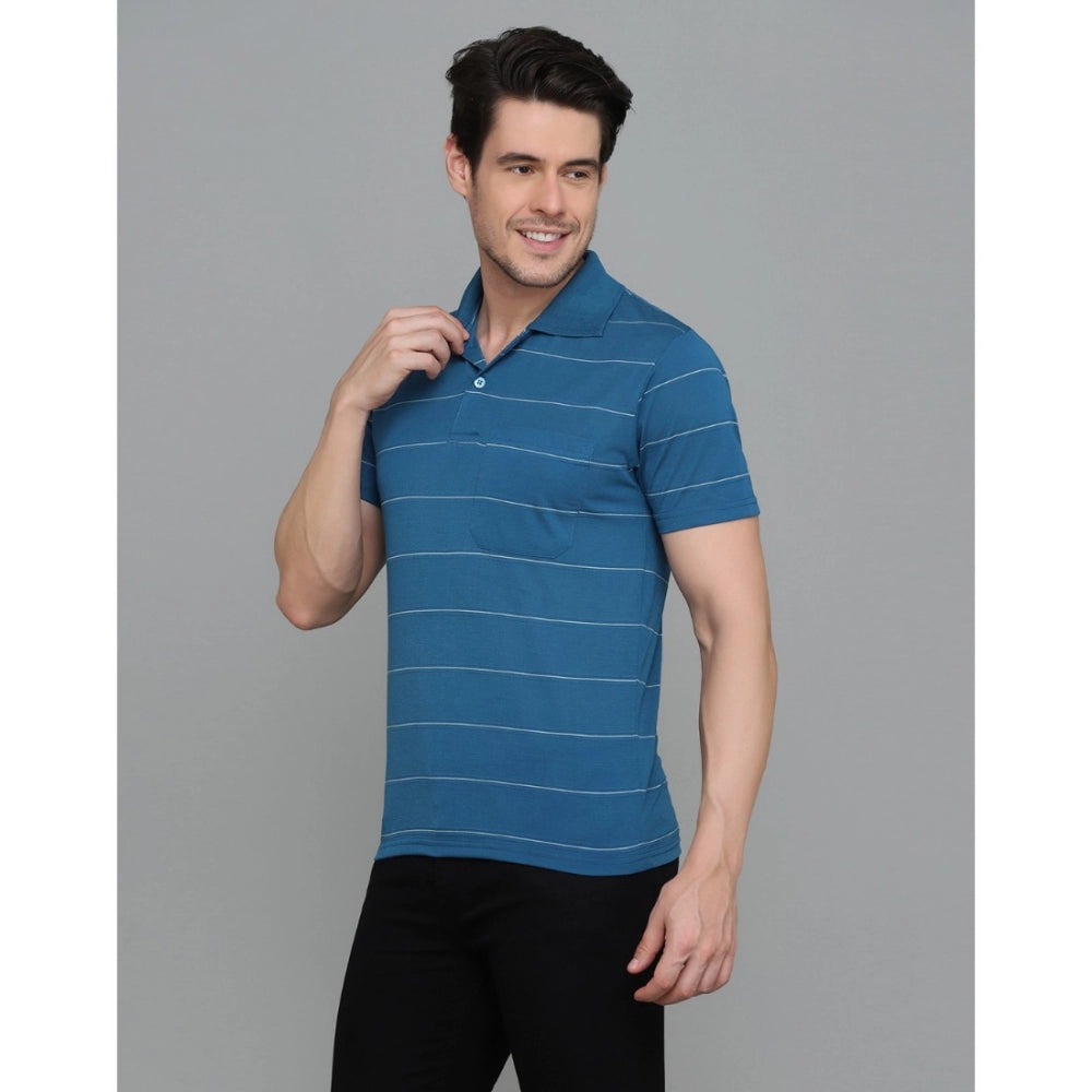 Amfyn Men's Casual Half Sleeve Striped Cotton Blended Polo Neck T-shirt (Teel Blue)