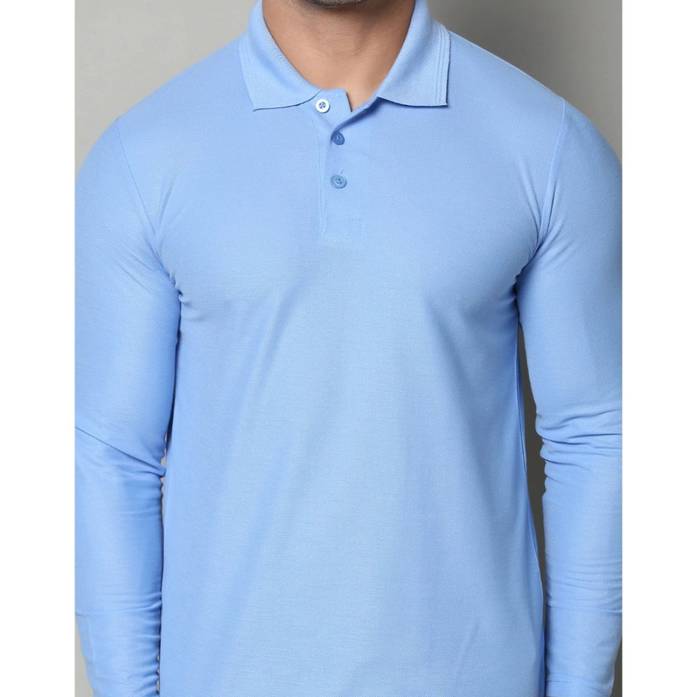 Amfyn Men's Casual Full Sleeve Solid Cotton Blended Polo Neck T-shirt (Sky)