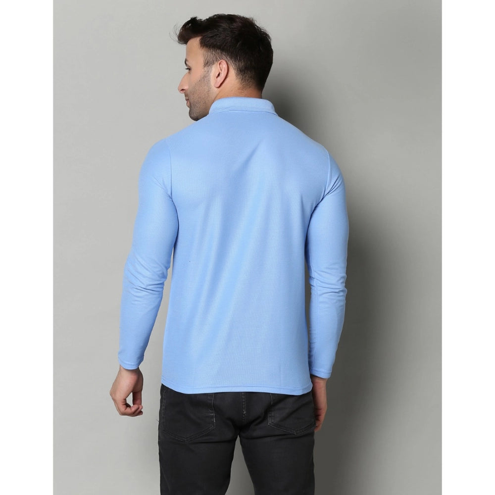 Amfyn Men's Casual Full Sleeve Solid Cotton Blended Polo Neck T-shirt (Sky)