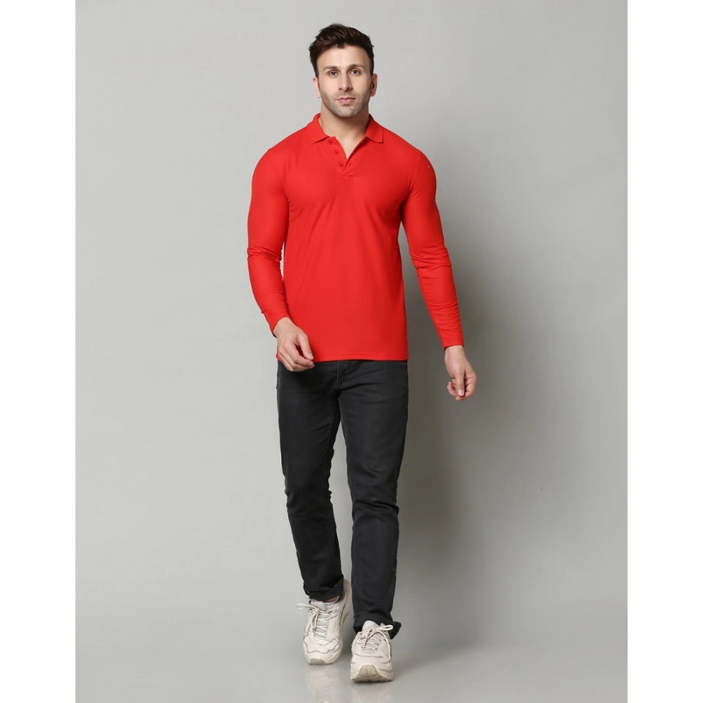 Amfyn Men's Casual Full Sleeve Solid Cotton Blended Polo Neck T-shirt (Red)