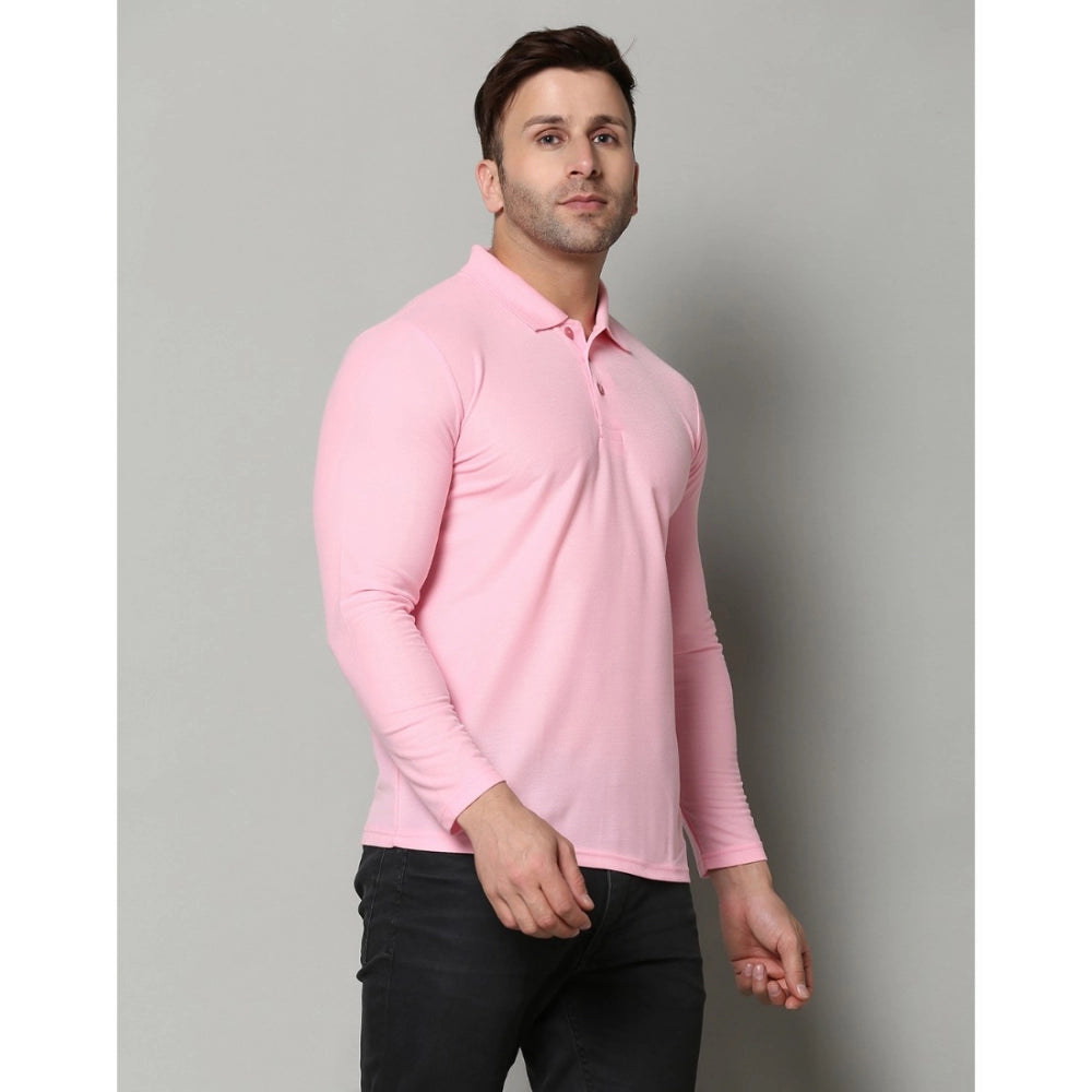 Amfyn Men's Casual Full Sleeve Solid Cotton Blended Polo Neck T-shirt (Pink)
