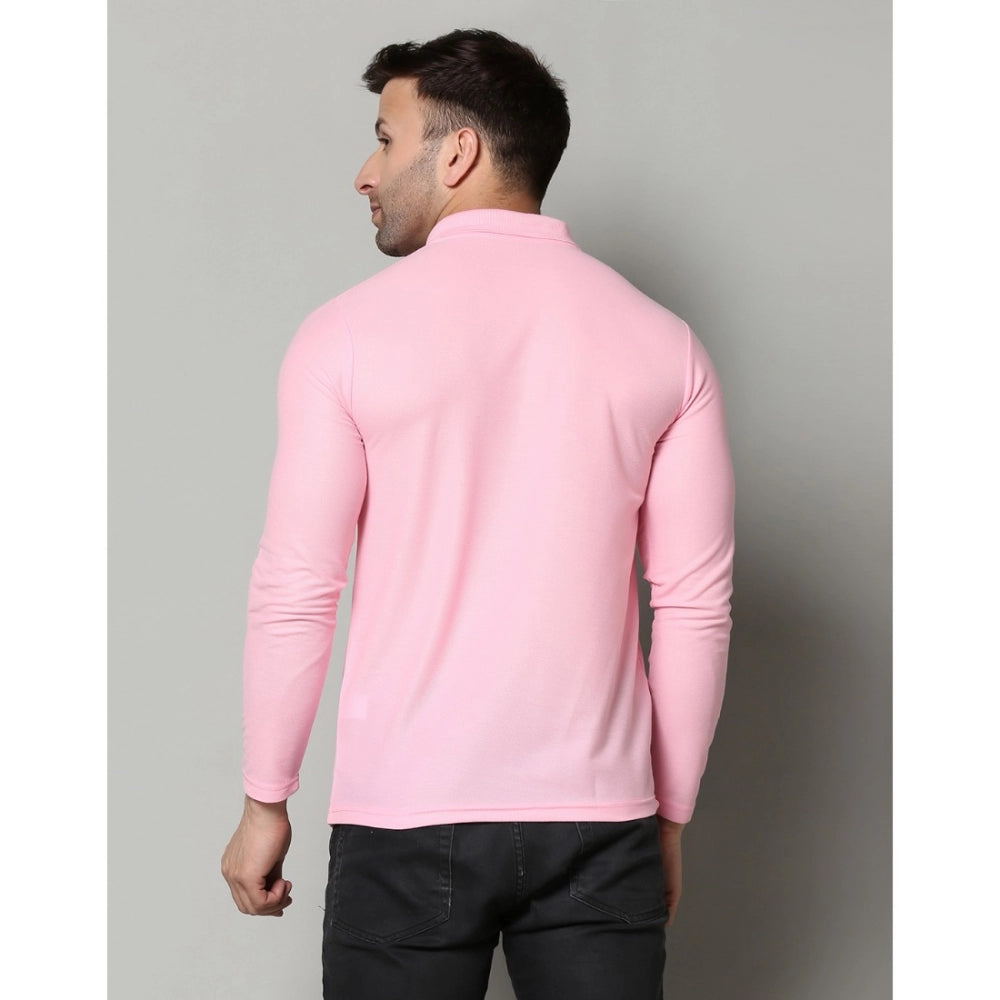 Amfyn Men's Casual Full Sleeve Solid Cotton Blended Polo Neck T-shirt (Pink)