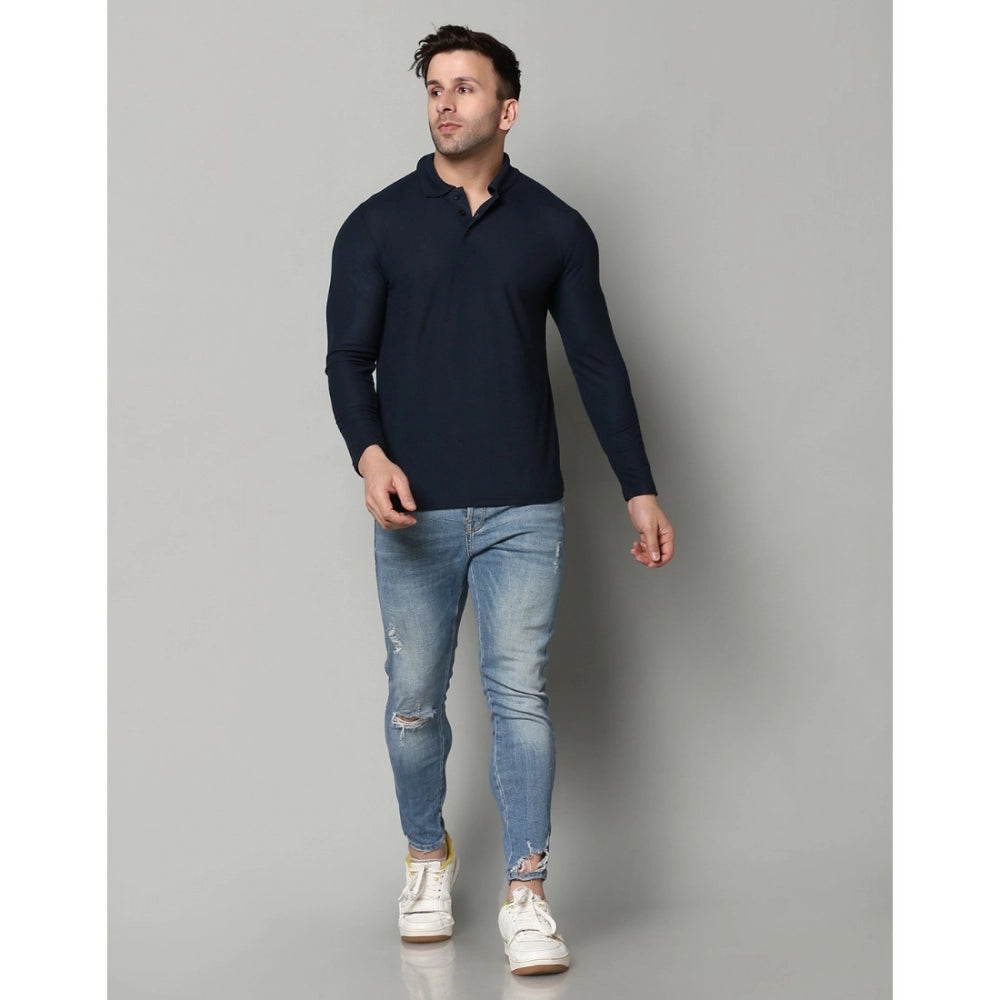 Amfyn Men's Casual Full Sleeve Solid Cotton Blended Polo Neck T-shirt (Navy)