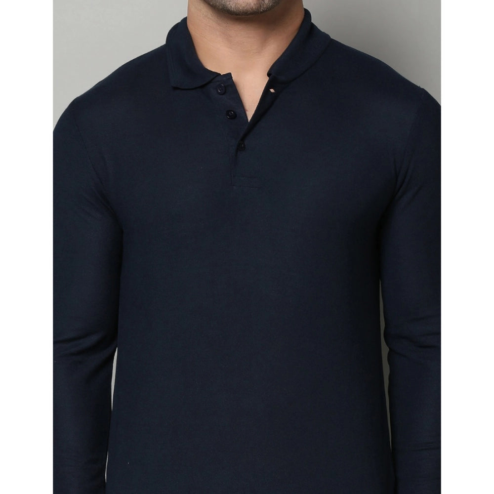 Amfyn Men's Casual Full Sleeve Solid Cotton Blended Polo Neck T-shirt (Navy)