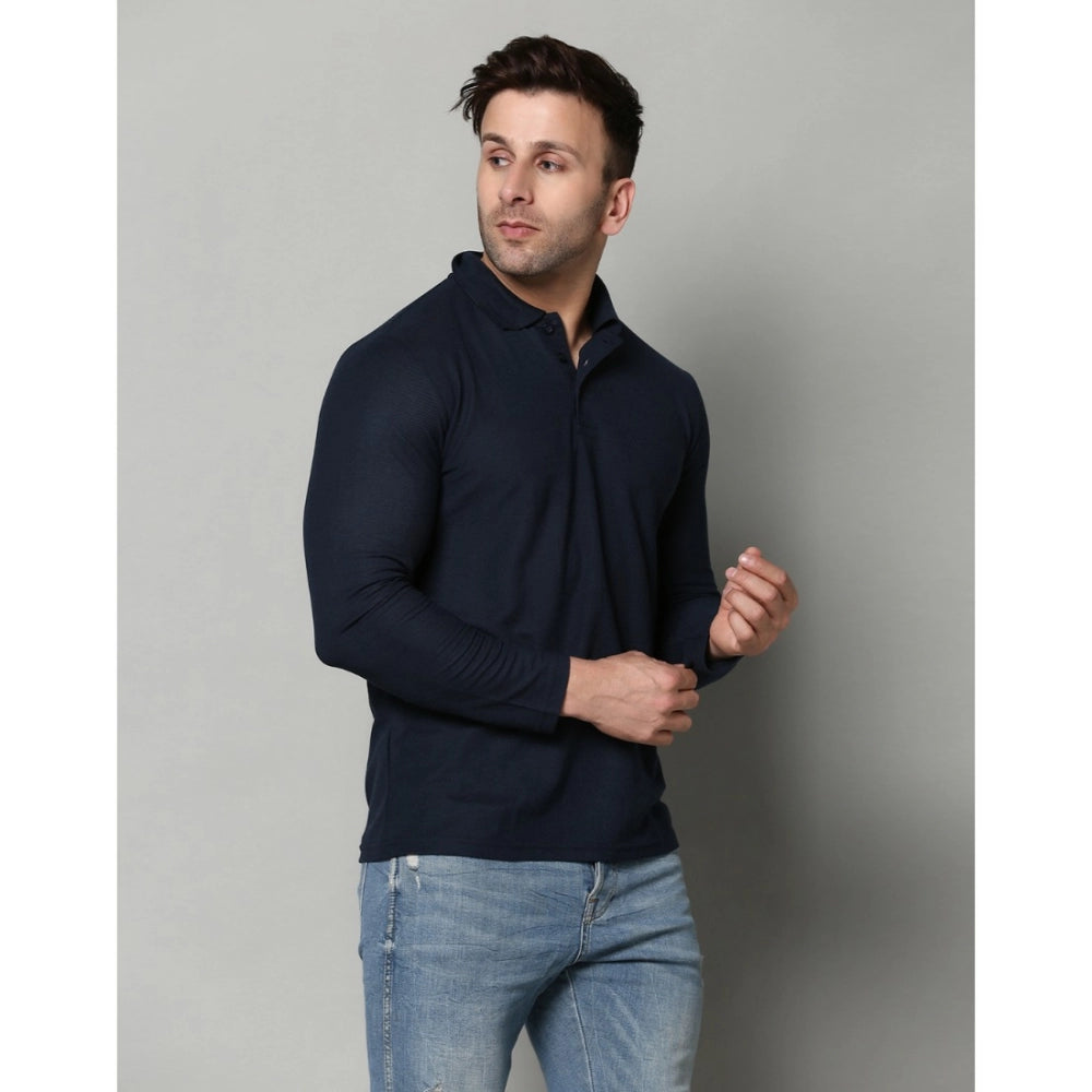 Amfyn Men's Casual Full Sleeve Solid Cotton Blended Polo Neck T-shirt (Navy)