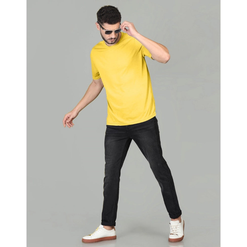 Amfyn Men's Casual Half Sleeve Solid Cotton Blended Round Neck T-shirt (Yellow)