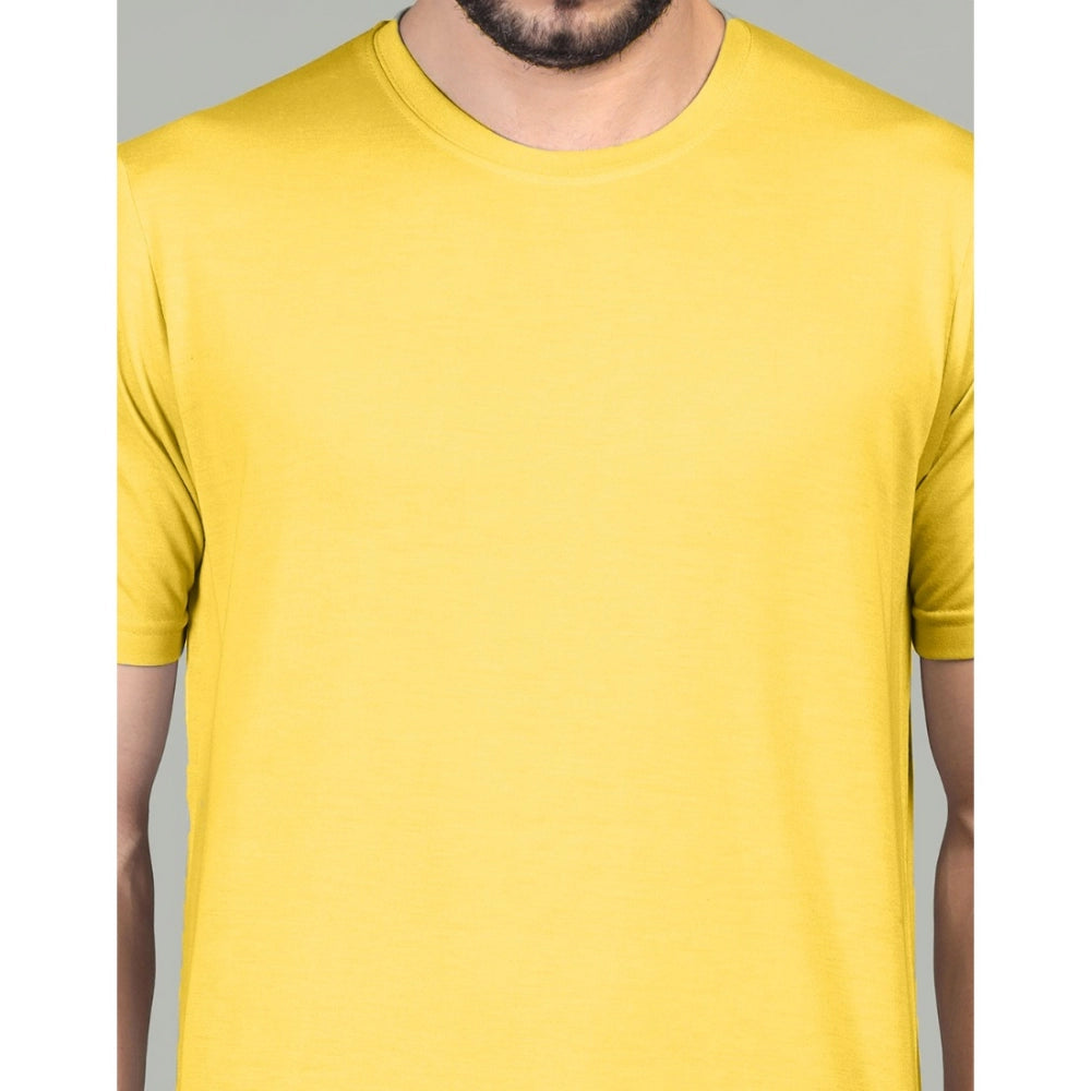Amfyn Men's Casual Half Sleeve Solid Cotton Blended Round Neck T-shirt (Yellow)