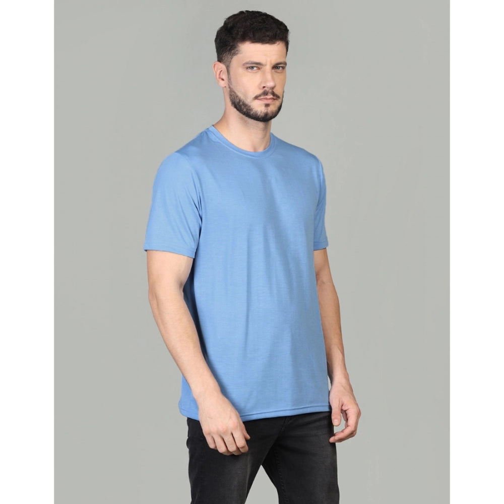 Amfyn Men's Casual Half Sleeve Solid Cotton Blended Round Neck T-shirt (Sky)