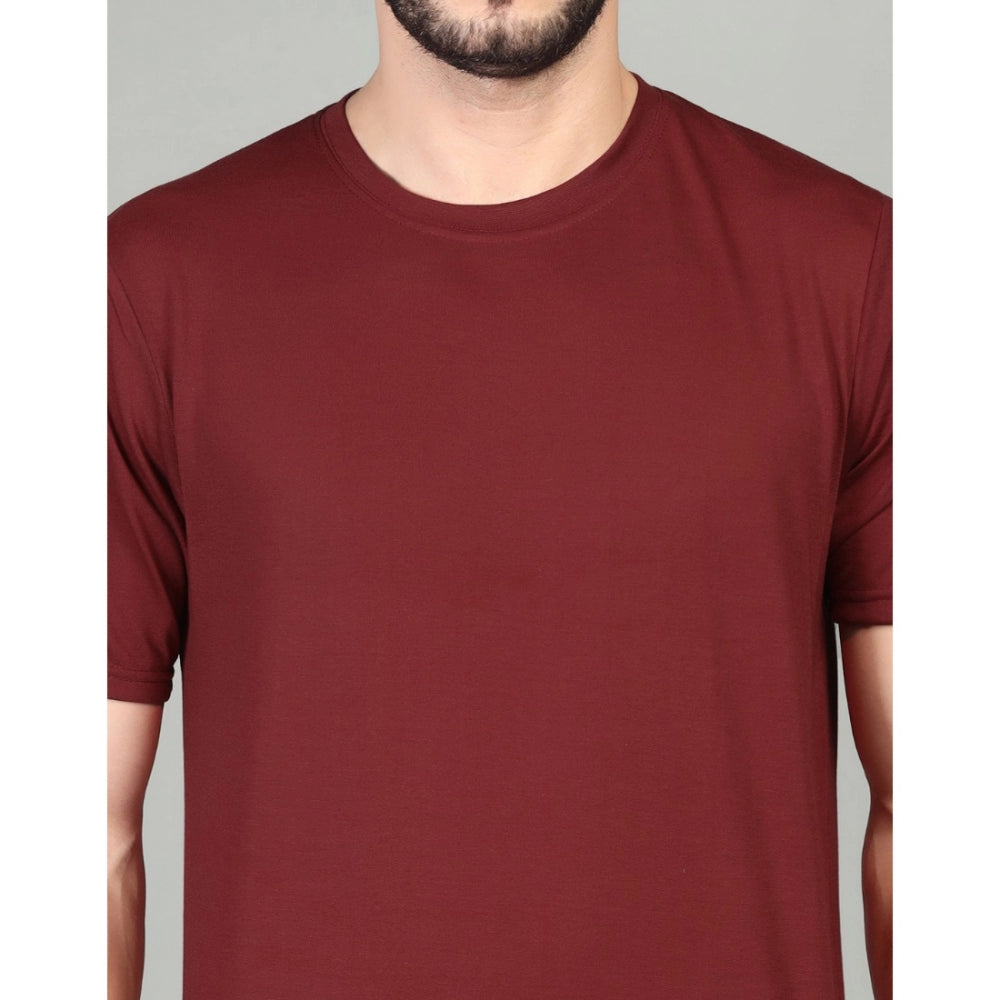 Amfyn Men's Casual Half Sleeve Solid Cotton Blended Round Neck T-shirt (Maroon)