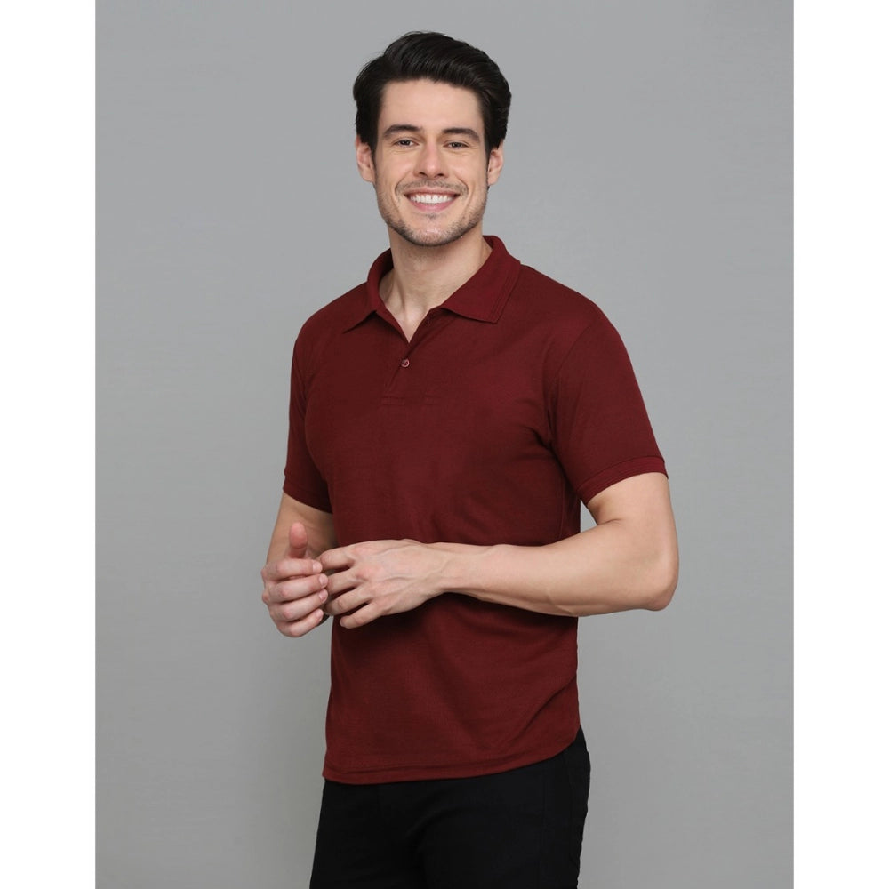 Amfyn Men's Casual Half Sleeve Solid Cotton Blended Polo Neck T-shirt (Maroon)