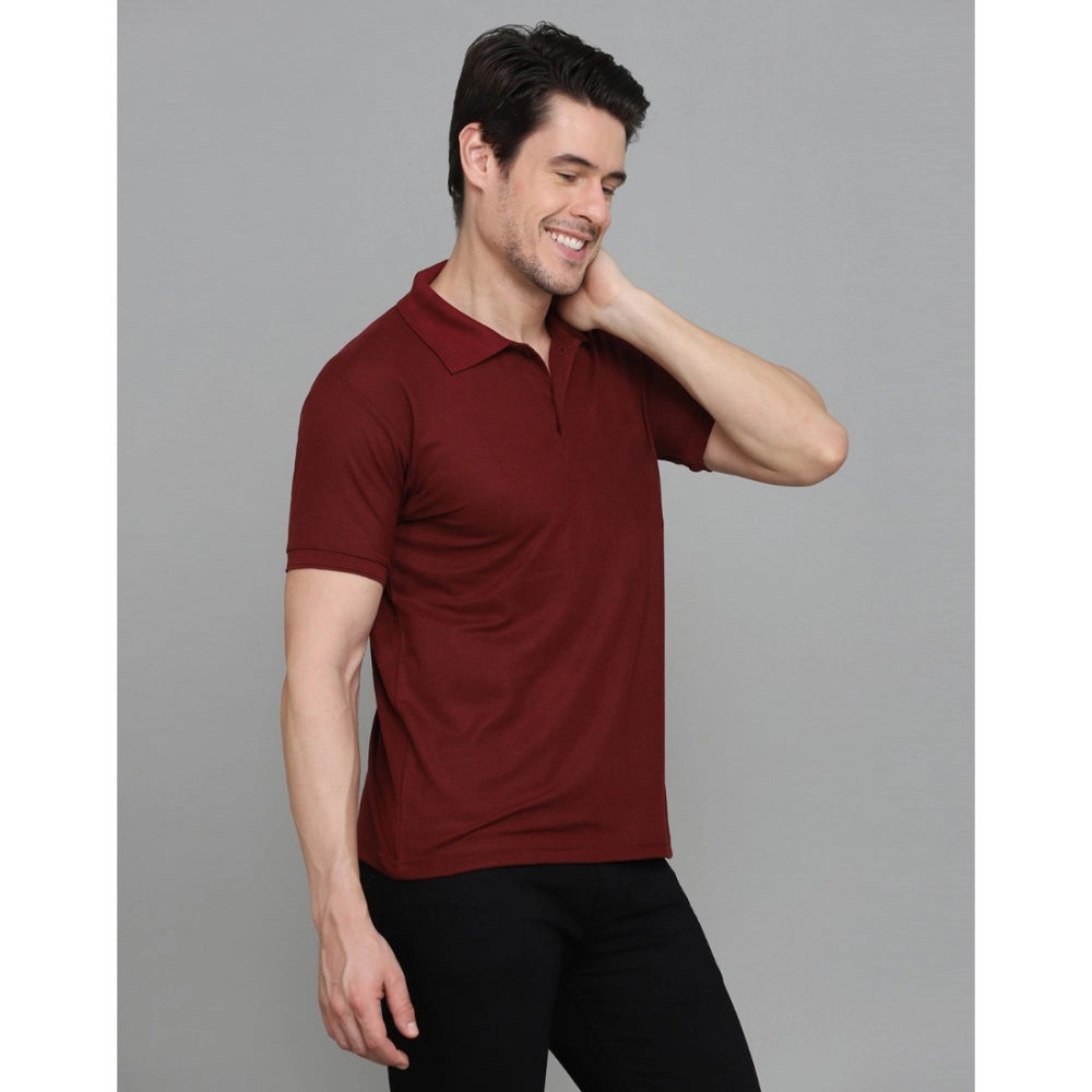 Amfyn Men's Casual Half Sleeve Solid Cotton Blended Polo Neck T-shirt (Maroon)