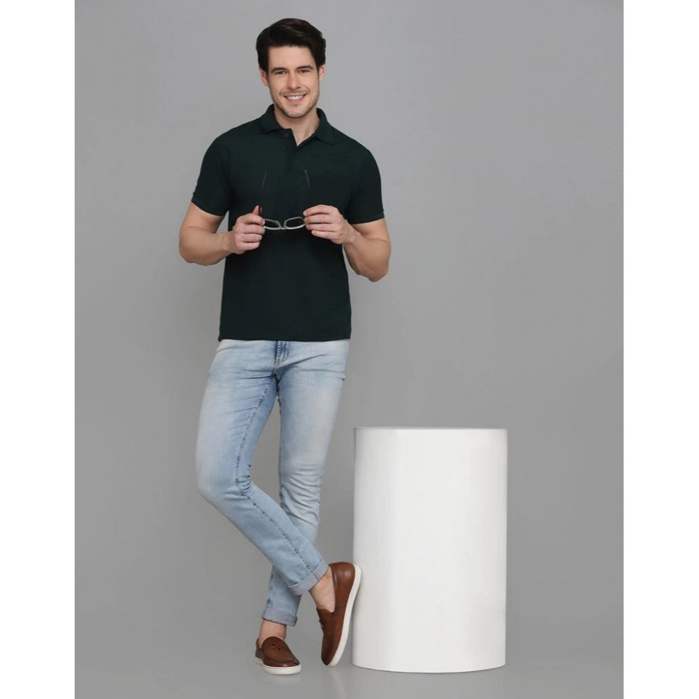 Amfyn Men's Casual Half Sleeve Solid Cotton Blended Polo Neck T-shirt (Green)