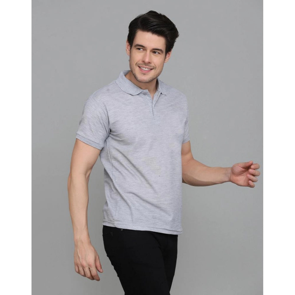 Amfyn Men's Casual Half Sleeve Solid Cotton Blended Polo Neck T-shirt (Grey)