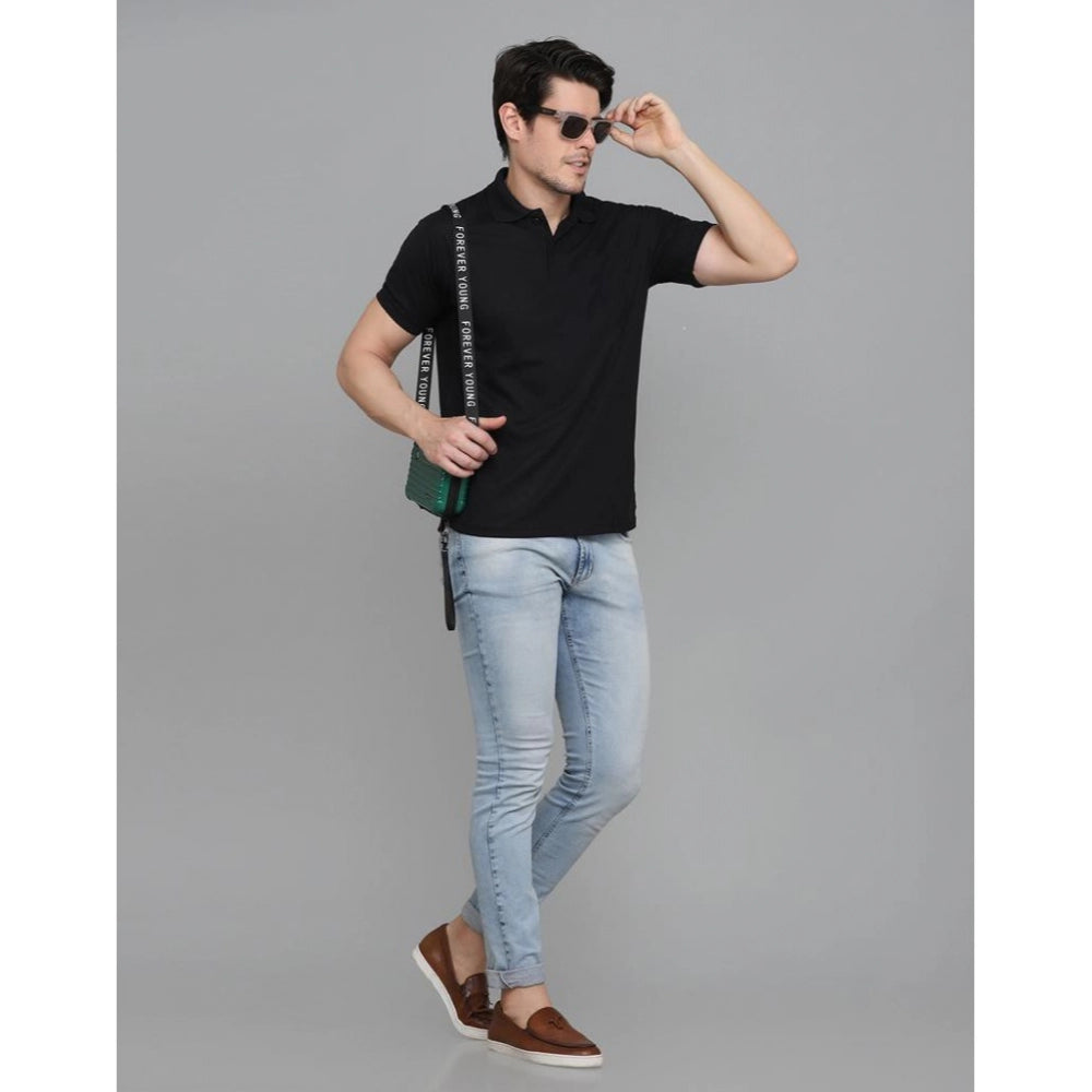 Amfyn Men's Casual Half Sleeve Solid Cotton Blended Polo Neck T-shirt (Black)