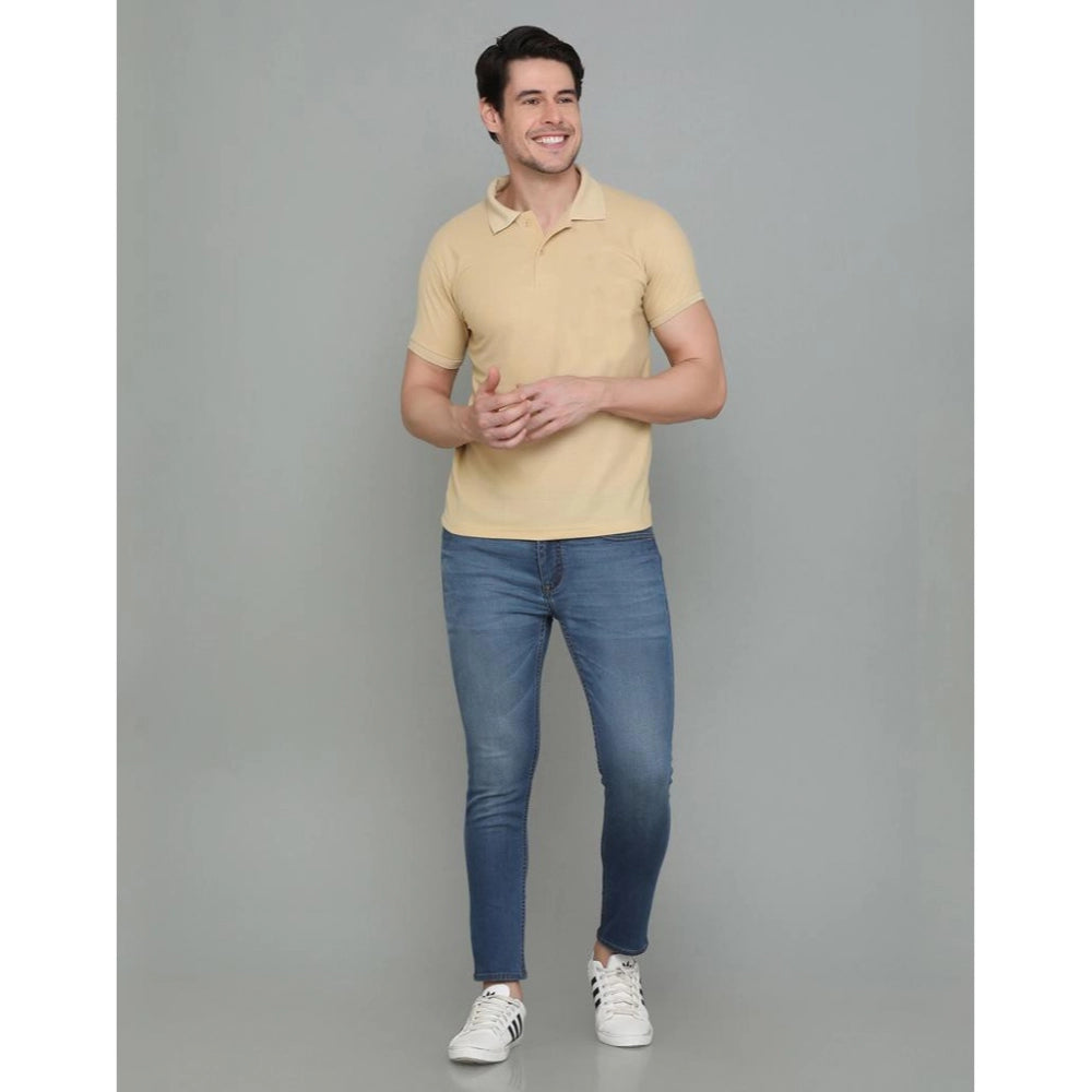 Amfyn Men's Casual Half Sleeve Solid Cotton Blended Polo Neck T-shirt (Beige)