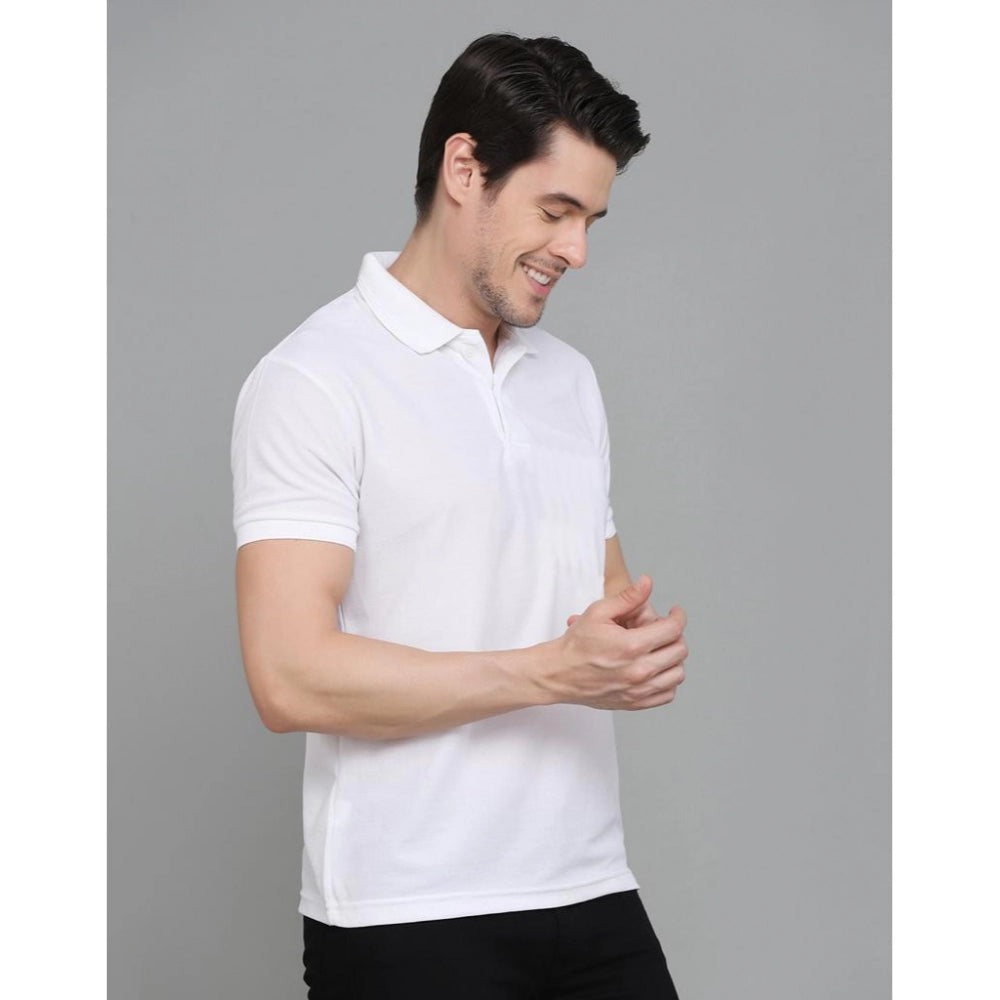 Amfyn Men's Casual Half Sleeve Solid Cotton Blended Polo Neck T-shirt (White)