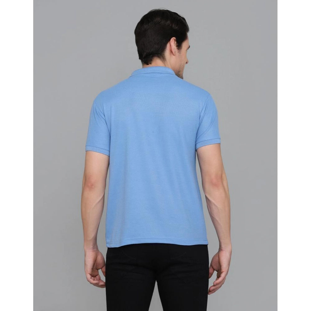 Amfyn Men's Casual Half Sleeve Solid Cotton Blended Polo Neck T-shirt (Blue)