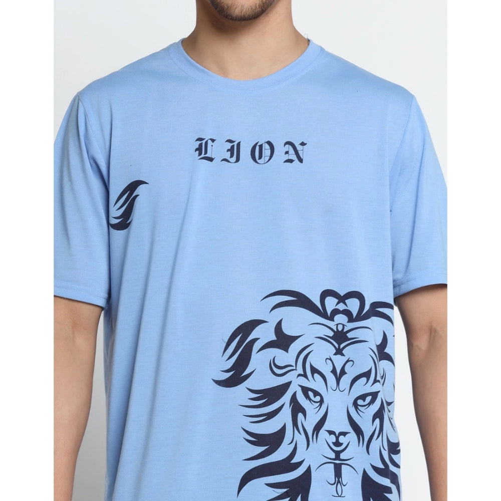 Amfyn Men's Casual Half Sleeve Printed Cotton Blended Round Neck T-shirt (Sky)